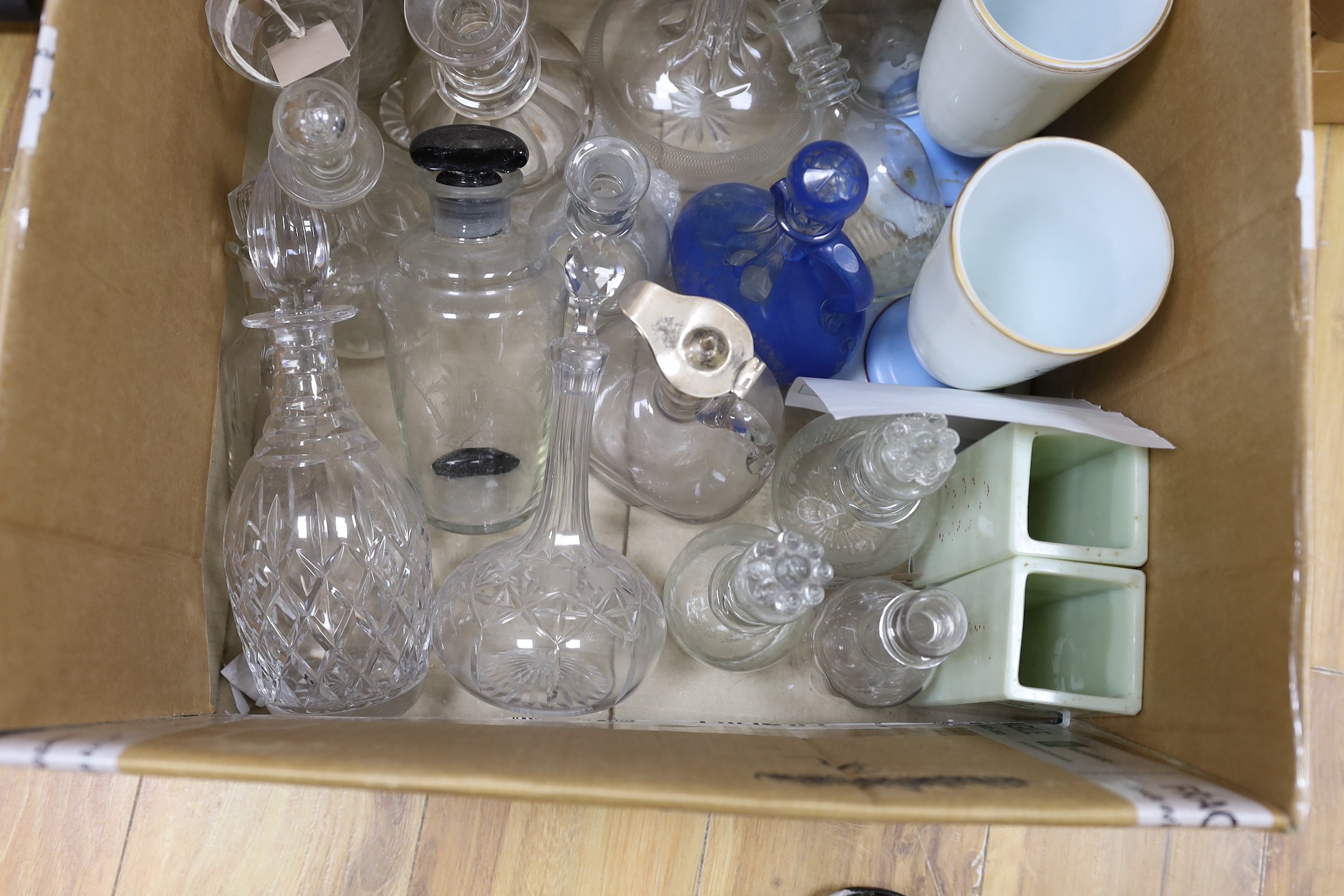 Various 19th century and later decanters, pair of enamelled glass vases etc.